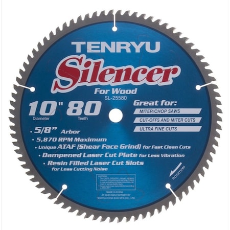 Tenryu 10in Silencer Miter Saw Blade 80T 5/8in Arbor SL-25580